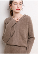 Ensemble sweat à capuche et pantalon en cachemire et laine mérinos de luxe, couleur marron, pour femme, fabriqué en usine OEM, faible MOQ, haute qualité, style automne