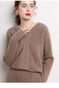 <span class=keywords><strong>Ensemble</strong></span> sweat à capuche et pantalon en cachemire et laine mérinos de luxe, couleur marron, pour <span class=keywords><strong>femme</strong></span>, fabriqué en usine OEM, faible MOQ, haute qualité, style automne - Product Image 2