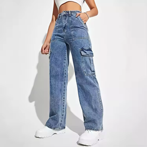 100% coton mode <span class=keywords><strong>Cargo</strong></span> respirant femmes StraightTrousers multi-poches Denim jambe large <span class=keywords><strong>Cargo</strong></span> Jeans - Product Image 4