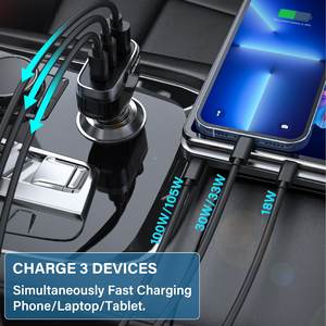 Cargador Súper Rápido Sunda para Auto 138W PD <span class=keywords><strong>3</strong></span>.0 Portátil Tipo C con <span class=keywords><strong>3</strong></span> Puertos USB Adaptador Móvil Multiusos para Teléfono y Auto - Product Image 5