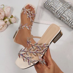 Sandales mules à découpe feuille en strass, bout carré, talon carré scintillant, à enfiler, pour soirée et club - Product Image 3
