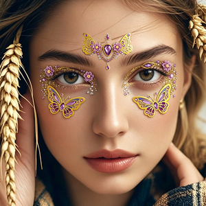 Bijoux de visage papillon sans colle, décorations de luxe en diamants brillants violets et dorés pour cosplay, concerts et déguisements - Product Image 1