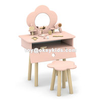 Ensemble de coiffeuse princesse en bois avec miroir ovale, décoration en nœud, tiroir de rangement et accessoires de maquillage en bois pour filles W10D831B