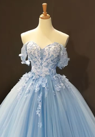 NDB10075 Robe de princesse tutu bleu couleur féerique, asymétrique à épaule dénudée, à traîne, élégante pour mariage, dîner et Quinceañeras