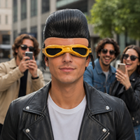 Masque intégral en latex rétro années 50 style rockeur, cheveux pompadour noirs, lunettes dorées, design œil en maille, écologique, réutilisable, pour fête et cosplay