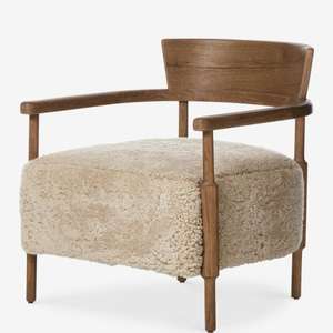 Poltrona Singola Moderna Vintage in Legno Massello, Divano Relax per Soggiorno, Camera da Letto, Balcone - Design in Tessuto Effetto Lana d'Agnello - Product Image 5