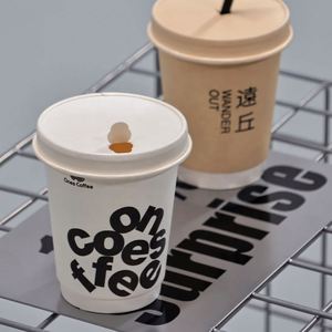 Custom Logo Biodegradable 8oz 12oz 16oz Kraft Paper Double Wall Hot Drink Coffee <b>Cups</b> with Lids - Product Image 2