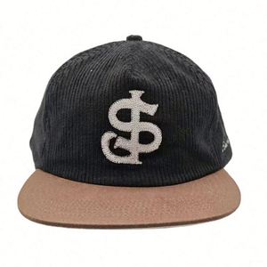 Vintage Style Unstructured Corduroy Flat Brim Snapback Cap Custom Felt Embroidery Two Color Tones <b>Hat</b> - Product Image 1