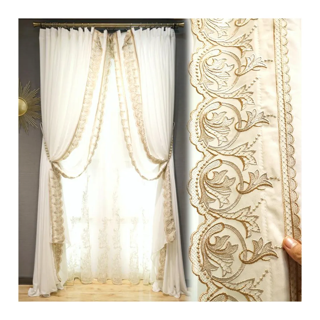 Customized Amazon Hot sale Light luxury design Embroidered Sheer Curtains without rod window curtain For Living Room Bedroom