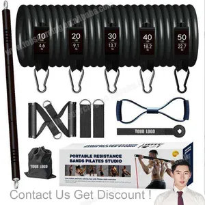 Custom Logo On Exercise Elastic Bands With Handles And Door Anchor Adjustable Bodybuilding Pilates Bar With Resistance Bands