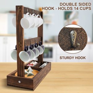 Wooden Coffee Cup Holder 2 Tier Rustic Style Standing <b>Rack</b> With Double Sided Hooks For <b>Kitchen</b> Storage - Product Image 3