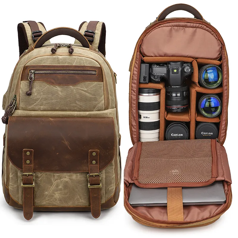 Grote Capaciteit Outdoor Reizen Gewaxt Canvas Echt Lederen Frid Blokkerende Camera Tas Rugzak Voor Dslr En Laptop Camcorders