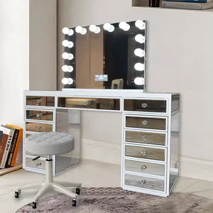 Conjunto de vaidade LED Hollywood 3 cores estilo luxuoso quarto prateado com mesa de vidro transparente espelho de maquiagem 13 gavetas armário de armazenamento