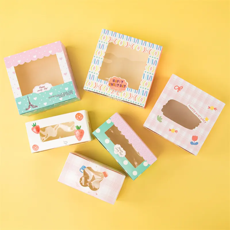 13.5*13.5*5cm Blue Printed Baking Food Paper Boxes with Window Cookies Boxes Chocolate Macaron Mooncake Packaging Box