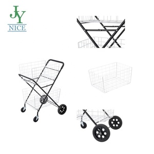 Chariot de courses double <span class=keywords><strong>panier</strong></span> en fil métallique, grand chariot de rangement pour supermarché, pliable à double couche avec roues - Product Image 1