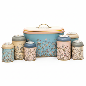 Set da Cucina Kontensan 7 Pezzi in Scatole Rotonde di Latta con Coperchio a Cupola, Disegni Floreali e Botanici in Blu Pastello - Product Image 2