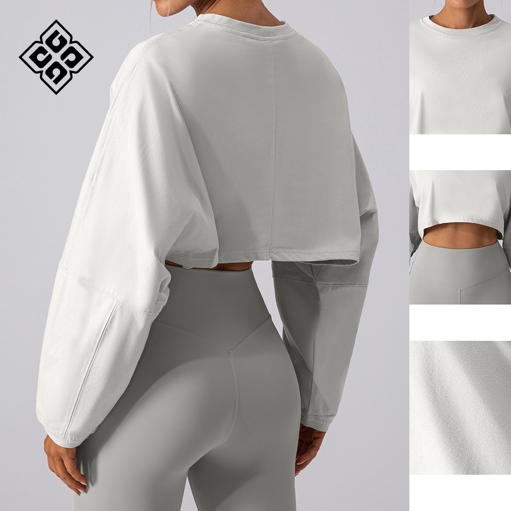 Popular Crew Neck Sweatshirt Nylon Sports Yoga Crop Tops Running Loose Long Sleeve Gym Top for Women