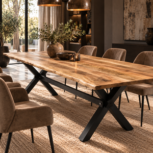 Table à manger moderne en bois massif avec bord naturel, pieds en métal en forme de X, plateau rectangulaire, mobilier de salle à manger pour 4 personnes, pour la maison et la cuisine - Product Image 1