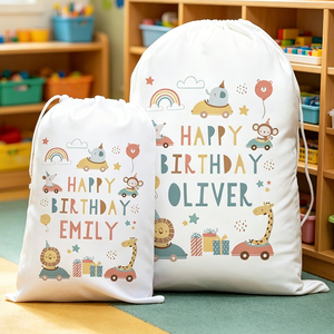 Sacchetto Regalo Personalizzato in Cotone con Coulisse per <span class=keywords><strong>Compleanno</strong></span> Bambini, Stampa Animale Carina, Vendita all'Ingrosso - Product Image 3