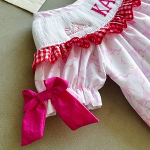 Vestito Estivo in Cotone per Bambine con Collo Tondo, Smock Fatto a Mano, Fiocco <span class=keywords><strong>Rosso</strong></span>, Stampa Floreale e Maniche a Volant - Product Image 5