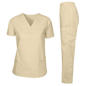 Ensemble de blouses médicales marron, haut à col en V à manches courtes avec plusieurs poches, pantalon à taille élastique, léger et respirant pour le travail quotidien - Product Image 5