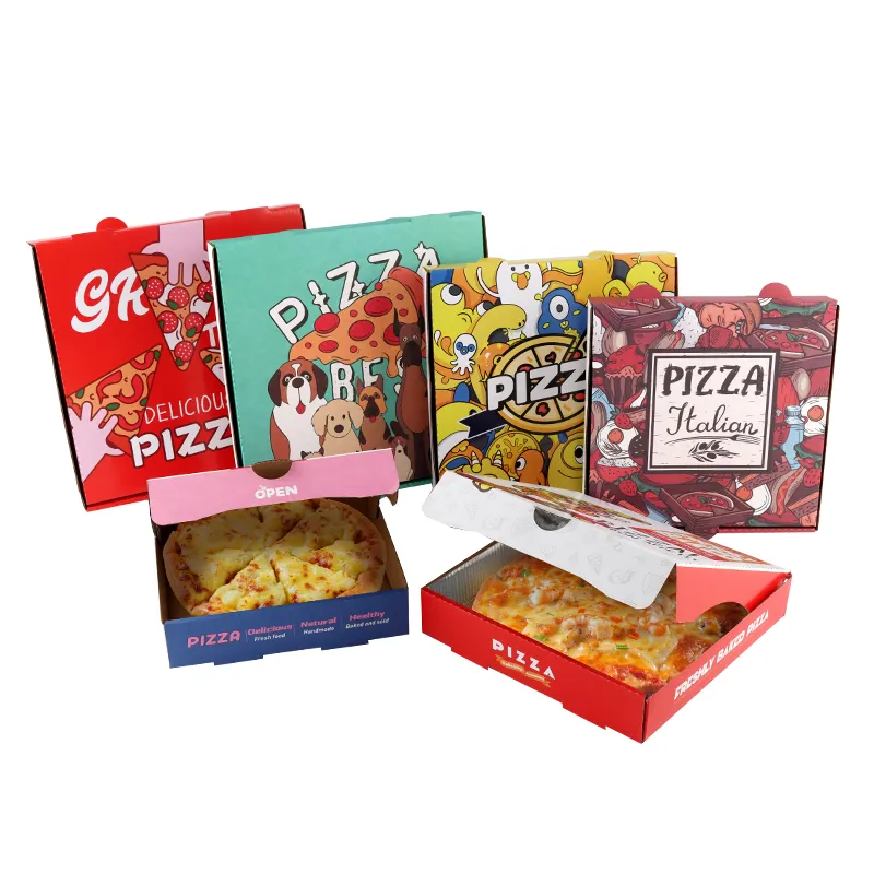 Boîtes à Pizza avec Logo 18 Pouces 35cm Ondulé Frites Burger Emballage Personnalisé Imprimé Rond Kraft Papier Vente en Gros Eco 12 14 15