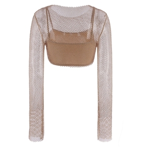 Top Corto de Malla con Pedrería Nude Personalizado, Manga Larga, Conjunto de 2 Piezas, Lencería Sexy para Mujer, Ropa de Festival, OEM - Product Image 2