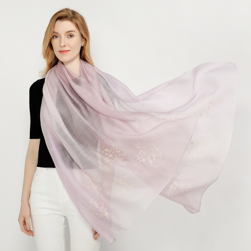 Purple Lightweight Embroidered Silk Wool Blend Fabric Scarf Cashmere Long Women Shawl
