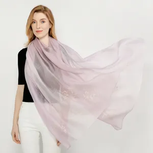 Purple lightweight embroidered silk wool blend fabric scarf cashmere long women shawl