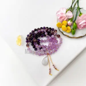 MN43571 Natural Gemstone Moonstone Charoite Amethyst Crystal 108 Mala Beads With Teardrop Charm Necklace Metaphysical Jewelry