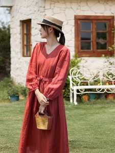 Women's Linen V-Neck Short Sleeve Regular Fit Casual Breathable Eco-Friendly Washable A-Line <b>Maxi</b> <b>Dress</b> - Product Image 5
