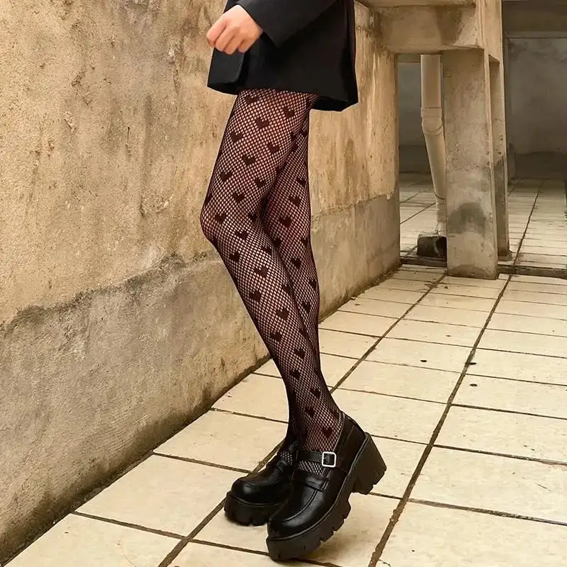 Lolita – bas de dessin animé mignon noir léopard toile d'araignée filet de poisson femme fille Jacquard amour coeur collants