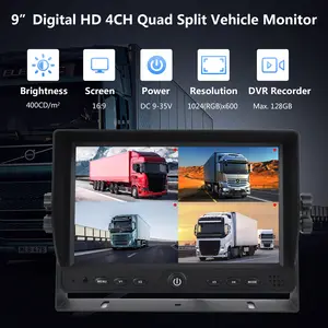 9 Inch 1024X600 IPS Car Monitor 4CH Quad Split Screen Monitor AHD Input Truck Bus Rear View Monitor For Truck RV Trailer Van Bus
