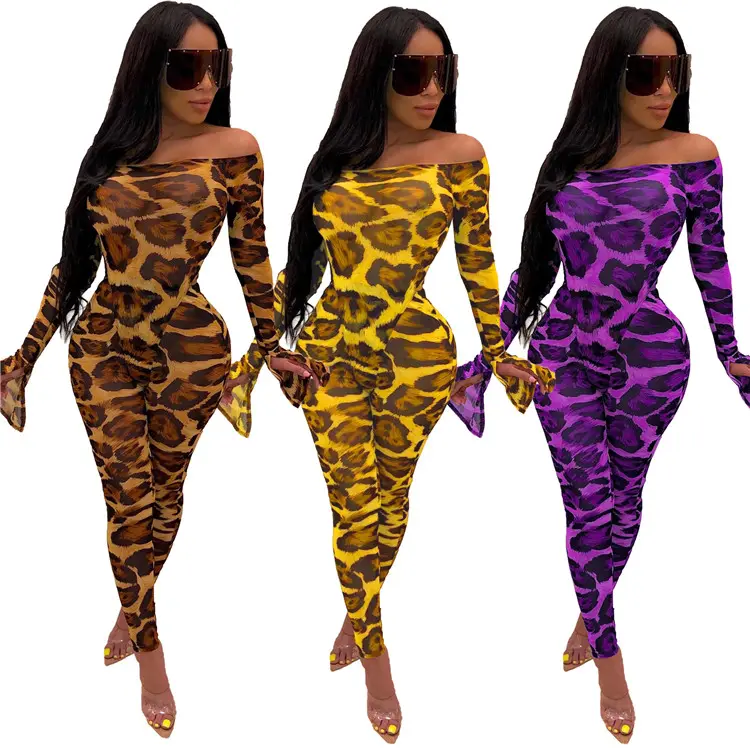 Combinaison de designer aux épaules dénudées pour femme, imprimé léopard, vêtements féminins, tee-shirt sexy, collection