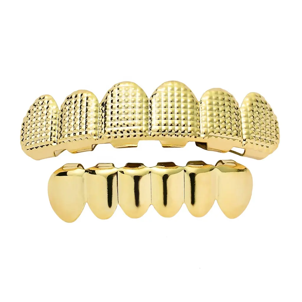 Joyería corporal al por mayor Hip Hop 18K chapado en oro real Grillz Set textura de rejilla desigual dientes inferiores superiores Grillz para hombres