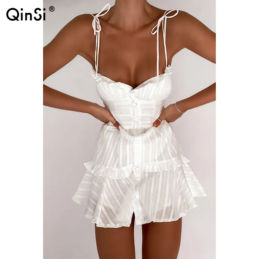 QINSI Cotton A-line Ruffles Mini Nightwear Female Nightgown Spaghetti Strap White Dress 2023 New Elegant Summer Nightgown