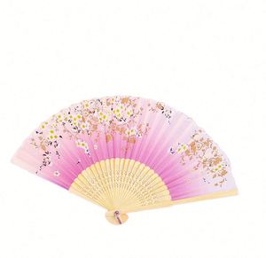 Abanico Plegable de Bambú Pintado y Tallado de 21 cm con Diseños de Flores y Amor, Souvenir, Abanico de Bambú y Seda - Product Image 1