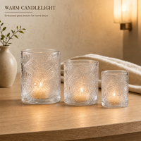 Vente en gros de porte-bougie en verre transparent avec texture de feuille en relief, trois tailles, pour la décoration de table de mariage et centre de table pour la maison