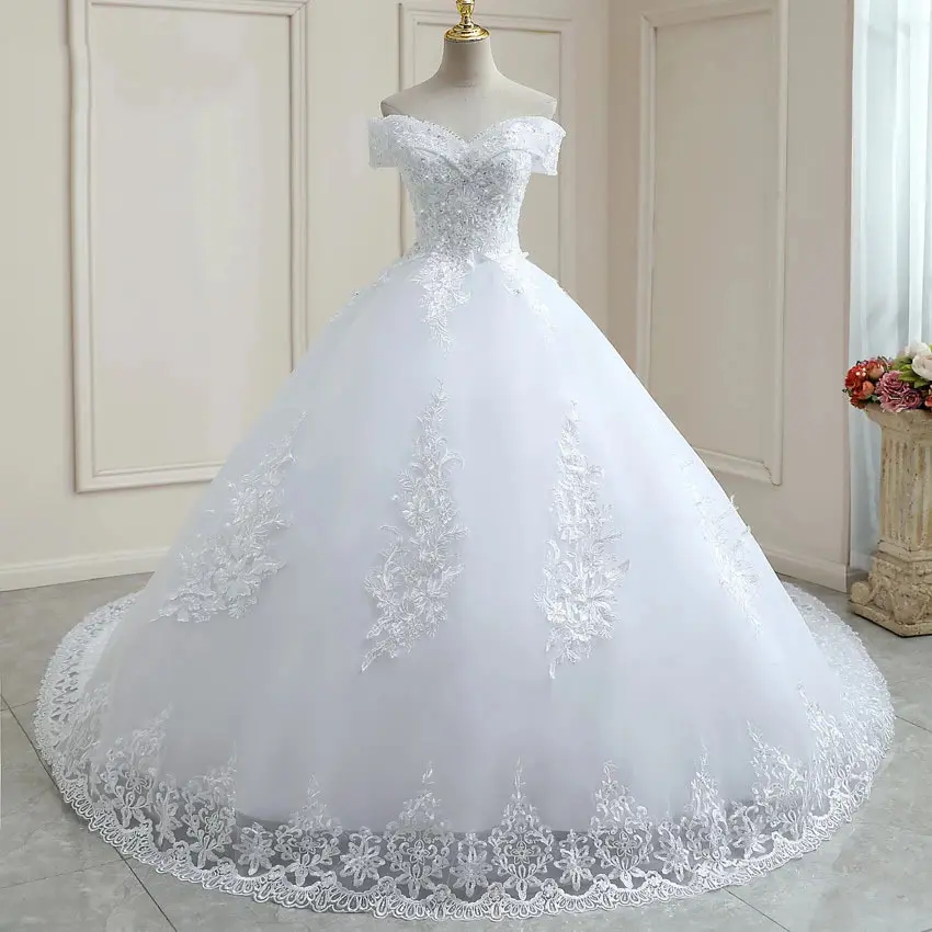 2022 Elegant Ball Gown Lace Wedding Dresses Sexy Off Shoulder Arabic Dubai Luxury Bridal Gowns Puffy Tulle Wedding Dress