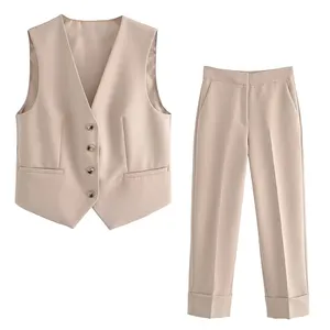 KAOPU ZA Women front welt pockets contrast pinstriped waistcoat and high-waist straight-leg trousers two pieces sets mujer