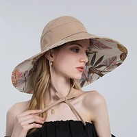 Chapeau de soleil réversible pour femme à large bord, imprimé, pliable, avec sangle sous le menton, pour la plage, les voyages en extérieur, protection UV, chapeau bob, vente en gros