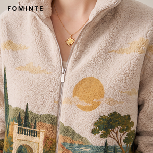 Chaqueta de forro polar estampada estilo vintage para <span class=keywords><strong>hombre</strong></span> y mujer, abrigo cálido de sherpa, ropa de calle con cuello alto y cremallera, venta al por mayor - Product Image 6