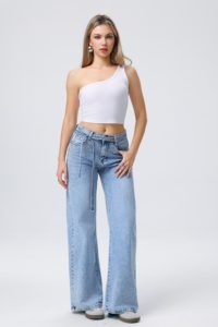 Nuovo modello di jeans a gamba larga da donna con decorazioni in strass, vita alta, versatili e tempestati di strass. - Product Image 4