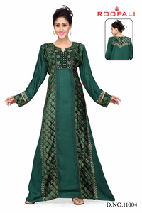 Green Mix <b>Match</b> Kaftan Designer Jalabiya Style Elegant Modest Wear with Fabric Panel Detailing and Premium Finish - Product Image 2