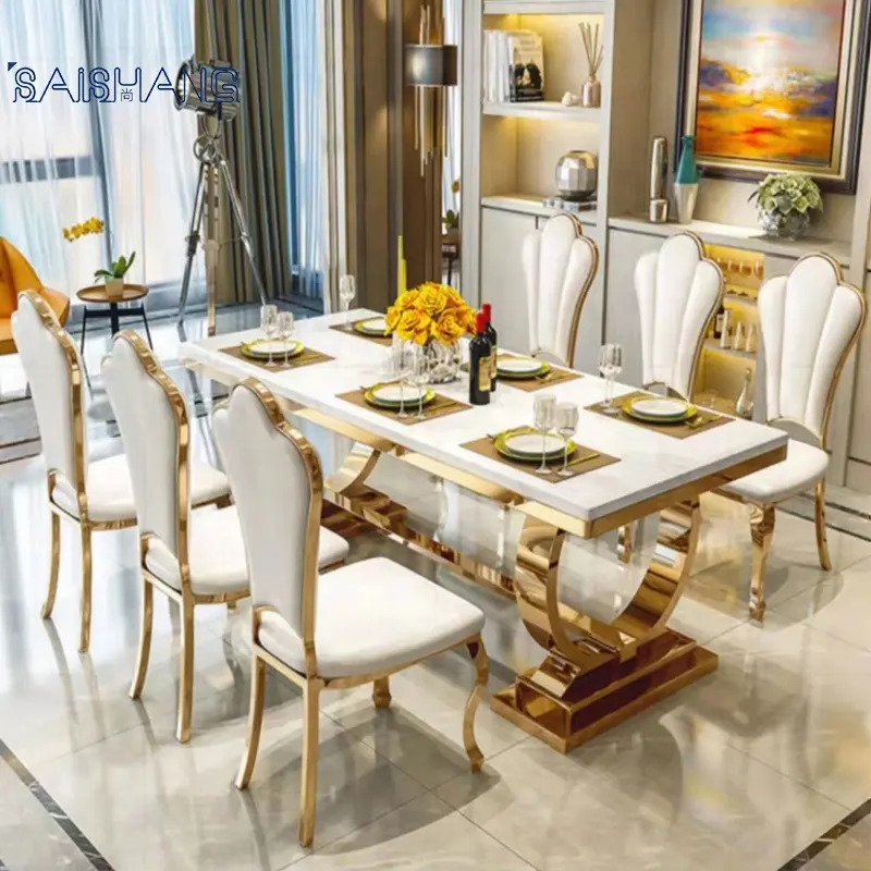 Стол из белого мрамора и камня, обеденный стол, стол из нержавеющей стали с золотыми ножками, мебель для стола