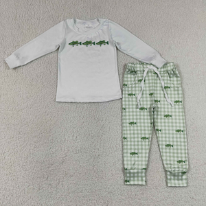 Conjunto de Ropa de Manga Larga para Bebés Niños con Estampado de Peces y Cuadros Verdes a Juego de la Marca Brother al por Mayor - Product Image 2
