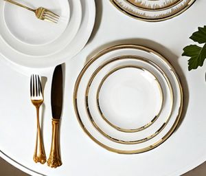 Artículo Popular al por Mayor Platos Elegantes de Cerámica Blancos con Borde Dorado para Cena, Ensalada y Postre, Vajilla de Porcelana para Uso Doméstico - Product Image 4