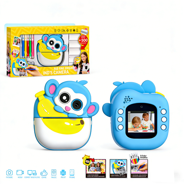 Kids Camera Instant Print with Painting Feature, Cartoon Monkey Design, Educational Digital Camera for Children