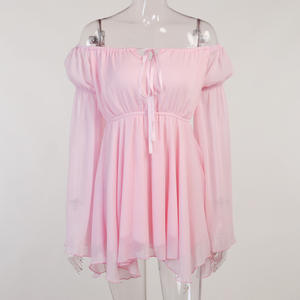 Vestido de columpio para mujer, minivestido de fiesta de malla con volantes, abullonada manga, vestidos con hombros descubiertos, corsé con corpiño moldeador de cuerpo y cordones - Product Image 6