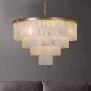 Lámpara de Araña Redonda Personalizada para Comedor, de Alabastro, con Marco de Latón Dorado, Luz LED 2700K, Blanco Cálido Suave para Sala de Estar - Product Image 1